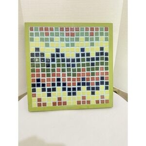 Handmade Square Mosaic Tile Wall Art Plaque Geometric Wood Frame Green Blue 16"